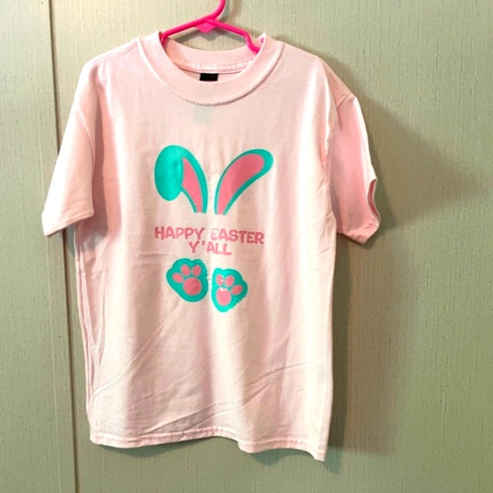 Girls Pink Short Sleeve Easter T-Shirt. Vibrant colors.